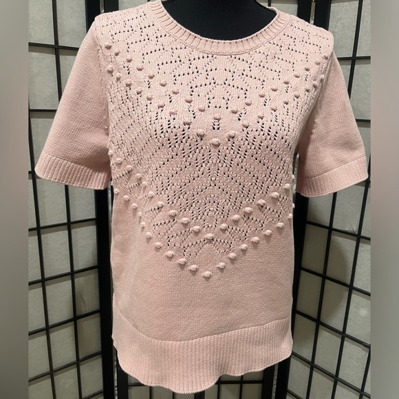 Talbots Light Pink CREWNECK SHORT SLEEVE OPEN STITCH SWEATER, MOMCORE, SIZE M. - Picture 4 of 9